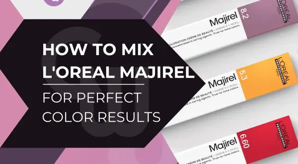 Apprenez le dosage couleur Majirel et oxydant pour des résultats parfaits. Trois tubes de coloration L'Oréal Majirel (8.2, 5.3, 6.60) sont visibles.