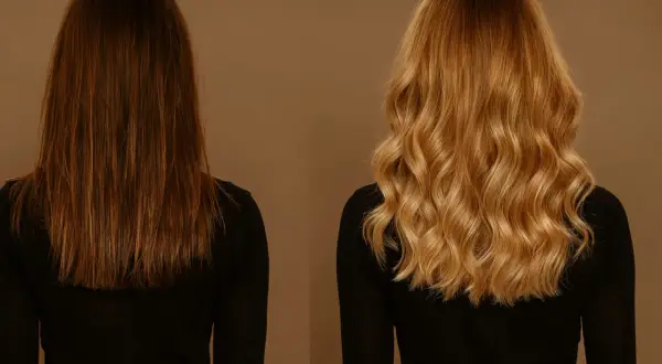 Avant/après : coloration sur cheveux décolorés, passant d'un brun foncé à un blond doré ondulé.