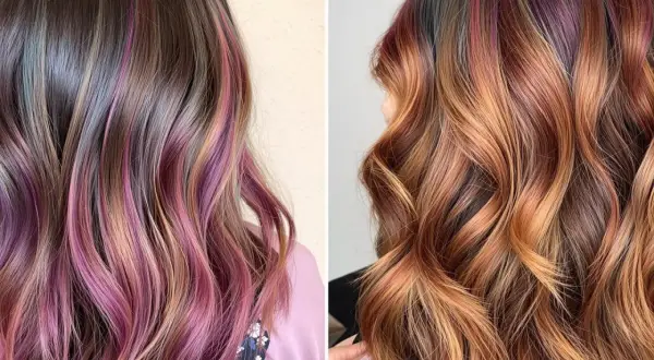 Chevelures ondulées aux reflets roses et cuivrés, une tendance meches cheveux audacieuse et vibrante.