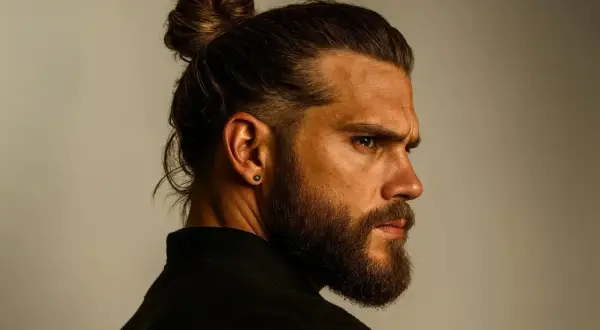 Un homme porte une coiffure banane homme avec un chignon haut. Il a une barbe et un piercing à l'oreille.