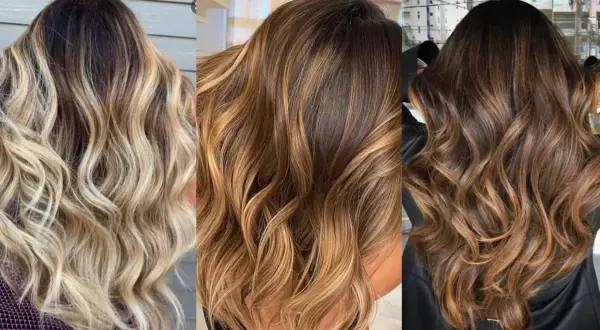 Trois chevelures ondulées aux reflets subtils, résultat d'un balayage avec une coloration réussie.