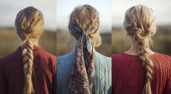 Trois vues de dos de cheveux blonds tressés. Une tresse simple, une tresse avec un foulard, et une tresse plus lâche.