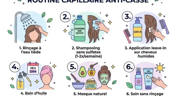 Routine capillaire anti-casse : rinçage, shampooing sans sulfates, leave-in, bain d'huile, masque naturel, soin quotidien. Aide à lutter contre les cheveux cassants, signe d'une carence.