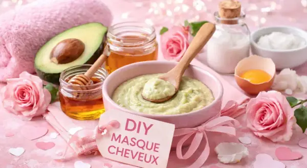 Un bol de masque cheveux maison à l'avocat et au miel, avec des roses roses et des cœurs.