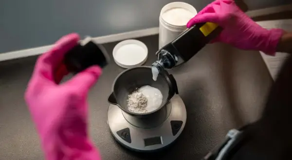 Mélange d'une poudre décolorante avec un oxydant 10 pour éclaircir les cheveux.