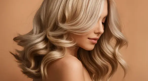 Une femme avec de magnifiques cheveux décolorés, ondulés et brillants, posant sur un fond beige.