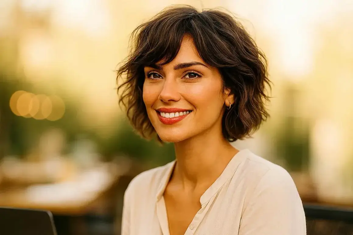 Une femme souriante avec une coupe bixie ondulée, des boucles d'oreilles discrètes et un chemisier clair.