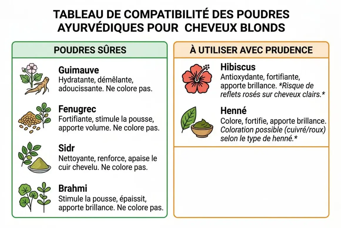 Tableau des poudres ayurvédiques pour cheveux blonds : Guimauve, Fenugrec, Sidr, Brahmi (sûres). Hibiscus et Henné (à utiliser avec prudence).