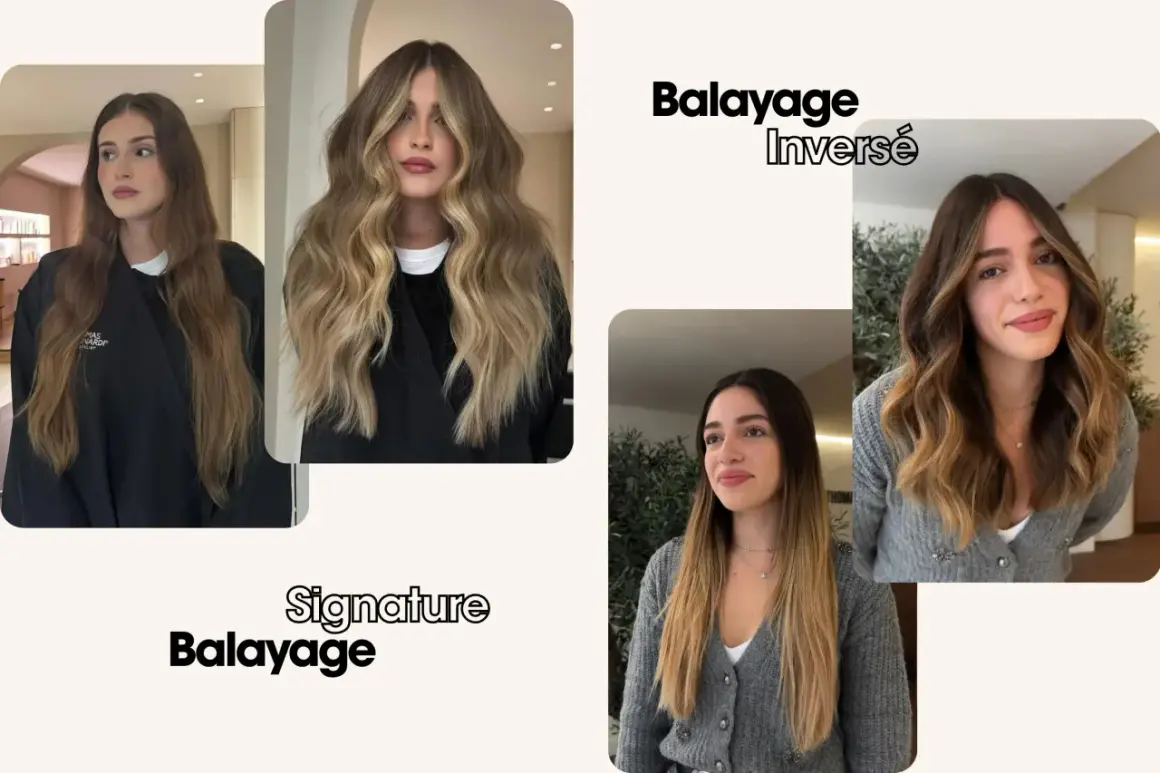 Avant/après d'un balayage blanc subtil sur cheveux bruns, créant un contraste naturel et lumineux.