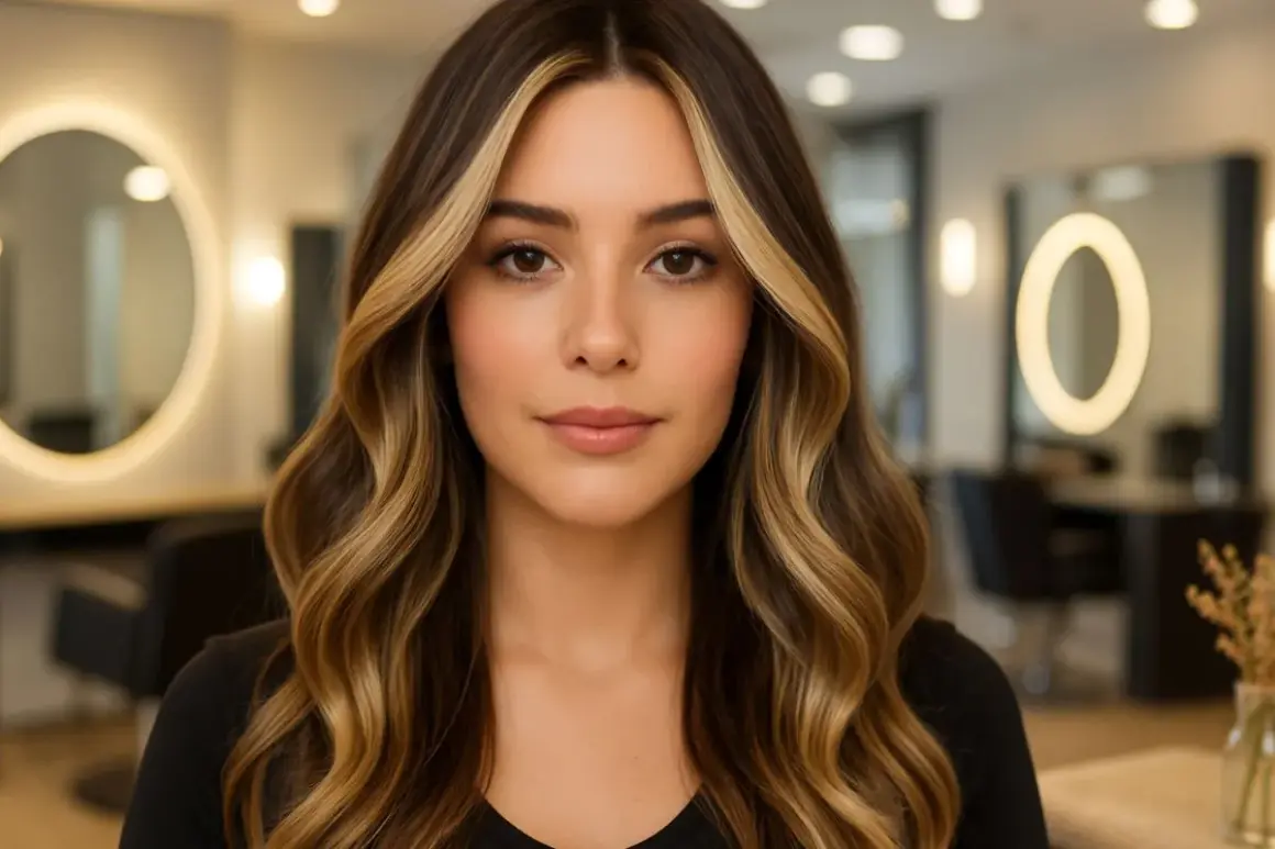 Un visage de femme avec un contouring cheveux subtil, des mèches blondes illuminent sa chevelure brune ondulée.