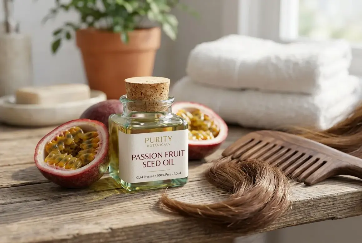 Huile de pépins de fruit de la passion pour hydrater les cheveux. Une bouteille d'huile, des fruits de la passion coupés, un peigne et des cheveux sur une surface en bois.