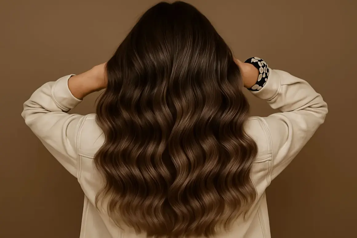 Chevelure brune ondulée avec un subtil effet smoky, mise en valeur par une veste beige.