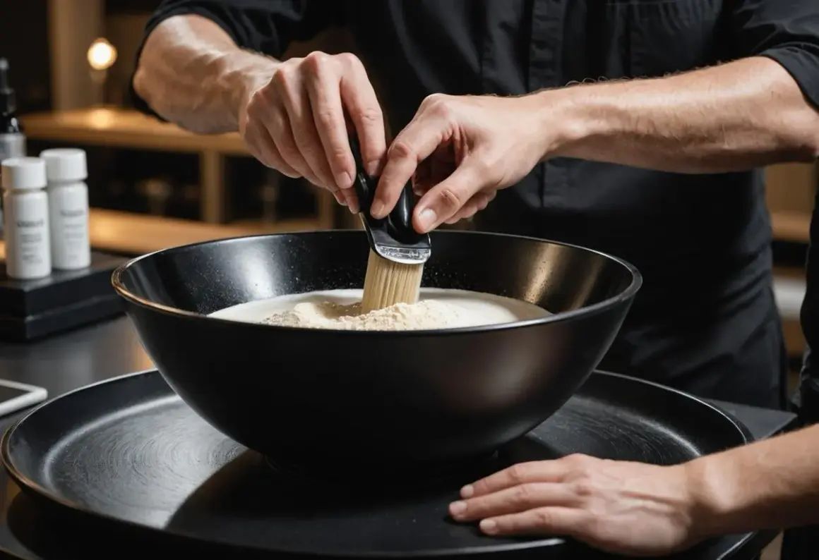 Mélange de poudre décolorante et d'oxydant dans un bol noir. Le bon ratio est essentiel pour une décoloration parfaite.