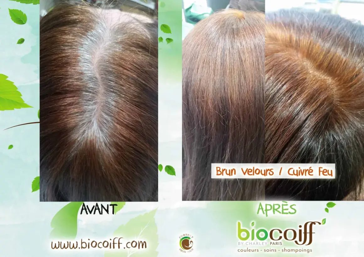 Avant/Après : des cheveux bruns avec des mèches blanches transformés en une teinte "Brun velours / Cuivré Feu" éclatante.
