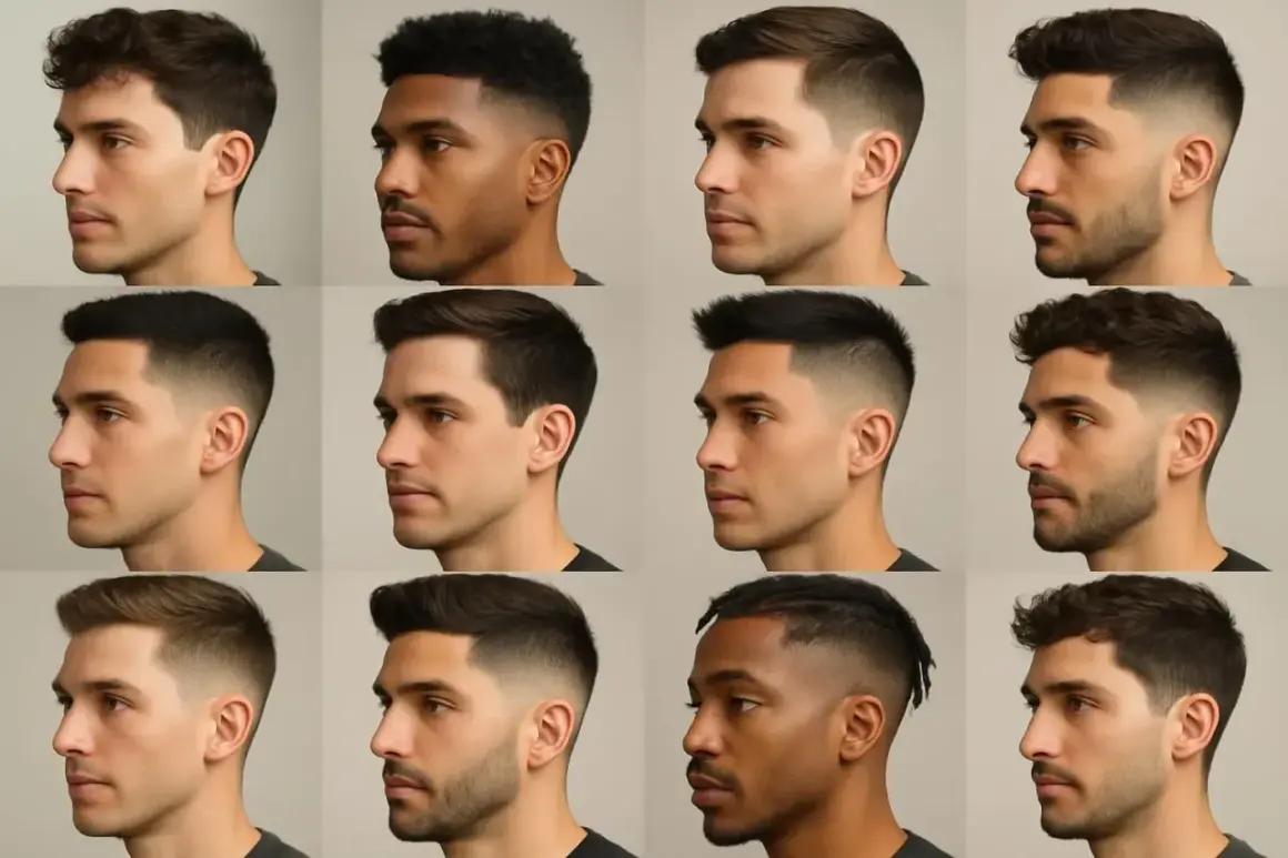 Douze hommes aux cheveux courts, présentés de profil, montrent diverses coupes de cheveux modernes.