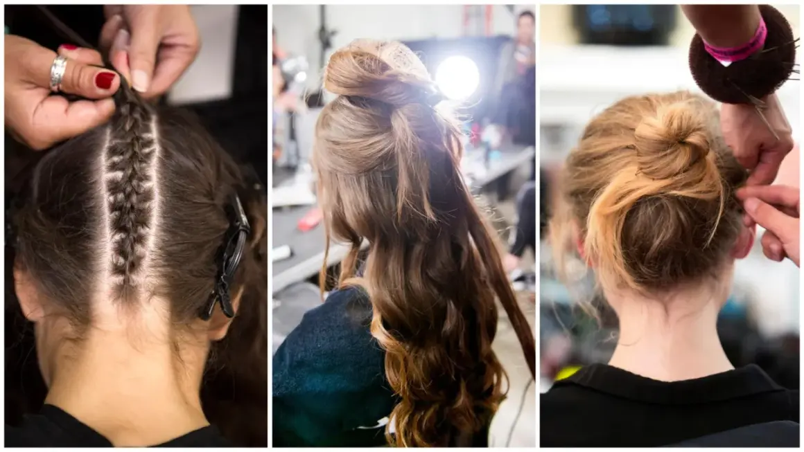 Trois étapes d'une coiffure cheveux long attaché : tresses, chignon haut, chignon bas.