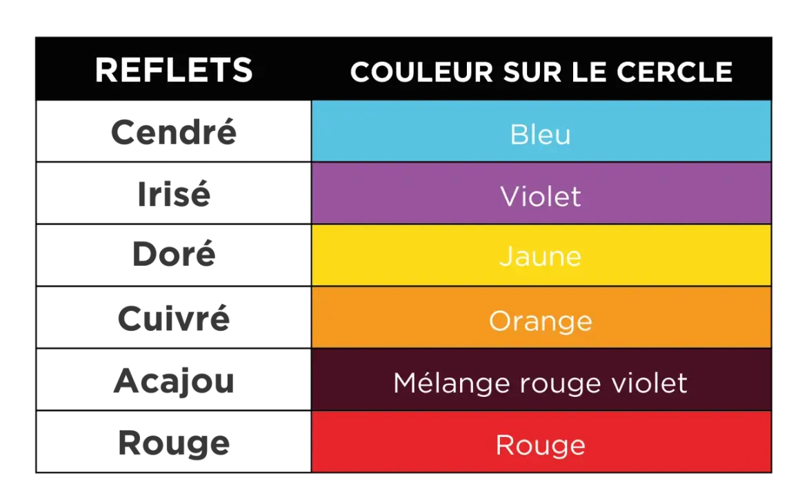Tableau des reflets capillaires Wella et leurs couleurs correspondantes sur le cercle chromatique : Cendré/Bleu, Irisé/Violet, Doré/Jaune, Cuivré/Orange, Acajou/Mélange rouge violet, Rouge/Rouge.
