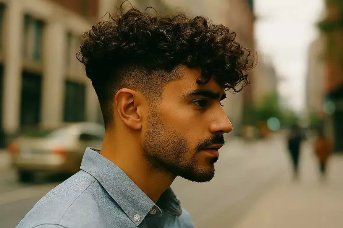 Un homme avec une coupe cheveux ondulés naturel, dégradé sur les côtés, regardant au loin dans une rue animée.