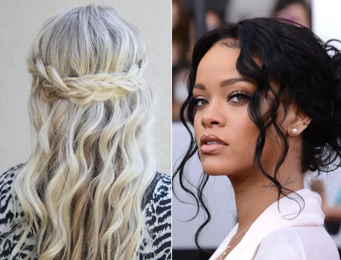 Coiffure cheveux bouclés avec tresse : une tresse couronne sublime des boucles blondes ondulées. À droite, Rihanna arbore des boucles sombres et une tresse discrète.