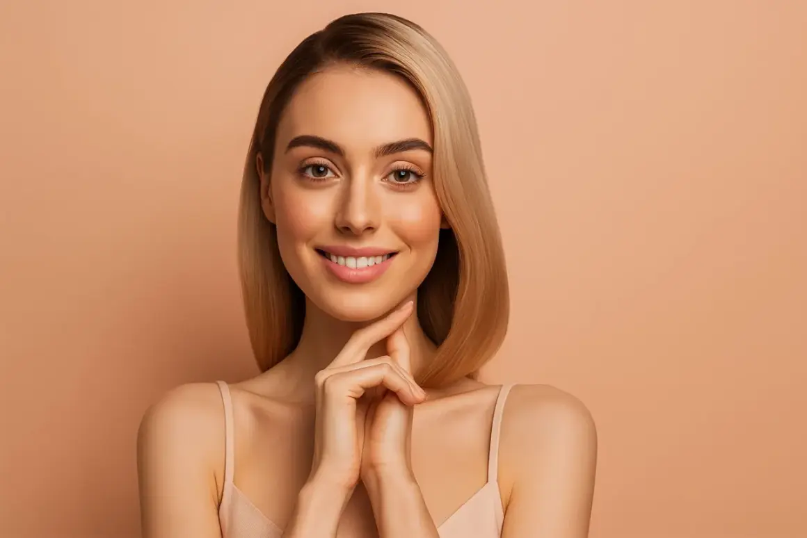 Une femme souriante avec des cheveux blonds lisses, parfaite pour une routine cheveux lisse.