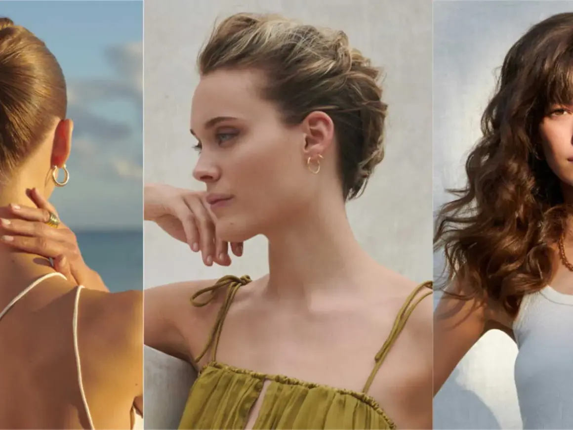 Trois femmes aux coiffures variées : chignon bas, coiffure courte texturisée et cheveux longs ondulés. Une inspiration coiffure bohème cheveux longs.