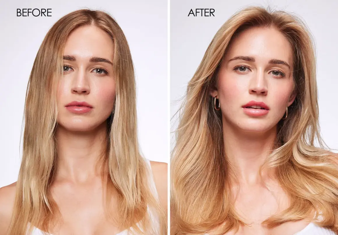 Avant/après : une femme aux cheveux blonds fins avant, et après, ses cheveux sont visiblement plus volumineux et épais. Une transformation pour savoir comment épaissir cheveux.
