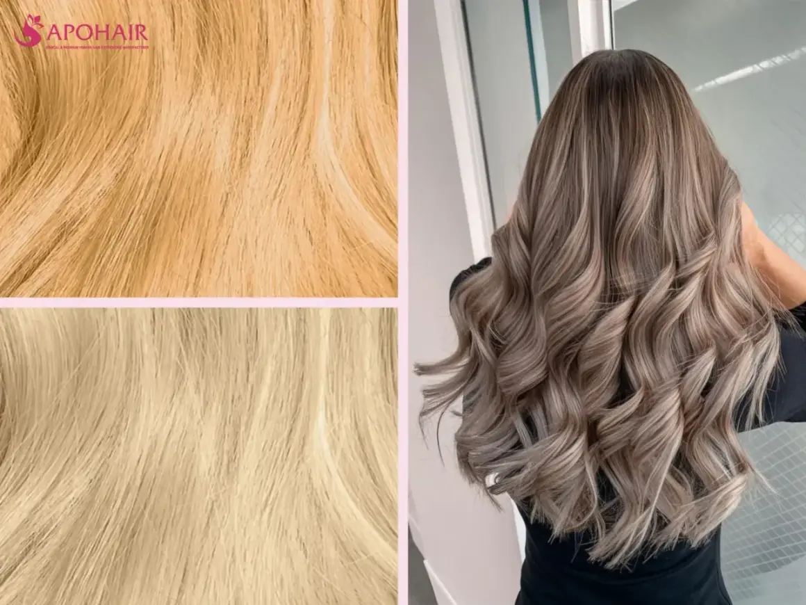 Chevelure ondulée aux reflets blonds cendrés, évoquant une patine L'Oréal, avec des échantillons de mèches blondes.