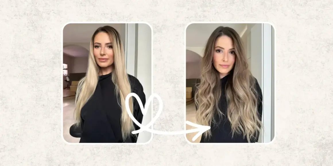 Avant/après : une femme aux cheveux blonds lisses se transforme avec un flash cheveux blancs pour un look ondulé et volumineux.
