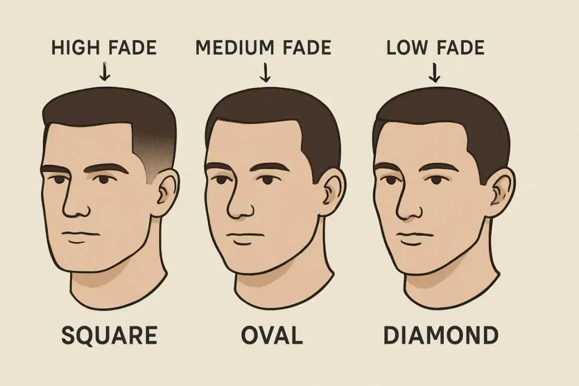 Trois visages masculins illustrent les dégradés tendance : high, medium et low fade, adaptés aux formes de visage carrée, ovale et diamant.
