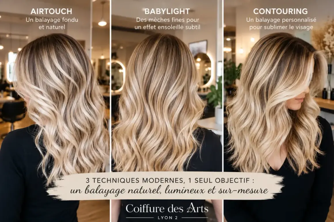 Trois femmes arborent des balayages blonds variés : AirTouch naturel, Babylight subtil, et Contouring personnalisé. Un look lumineux pour chaque femme.