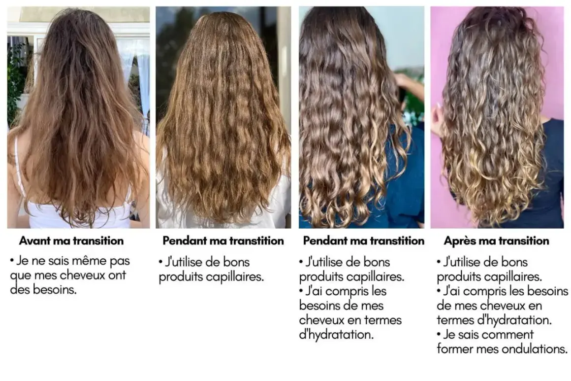 Avant, pendant et après une transition capillaire : des cheveux raides à ondulés grâce à de bons produits. Pas de decapage cheveux ici, juste une transformation naturelle.