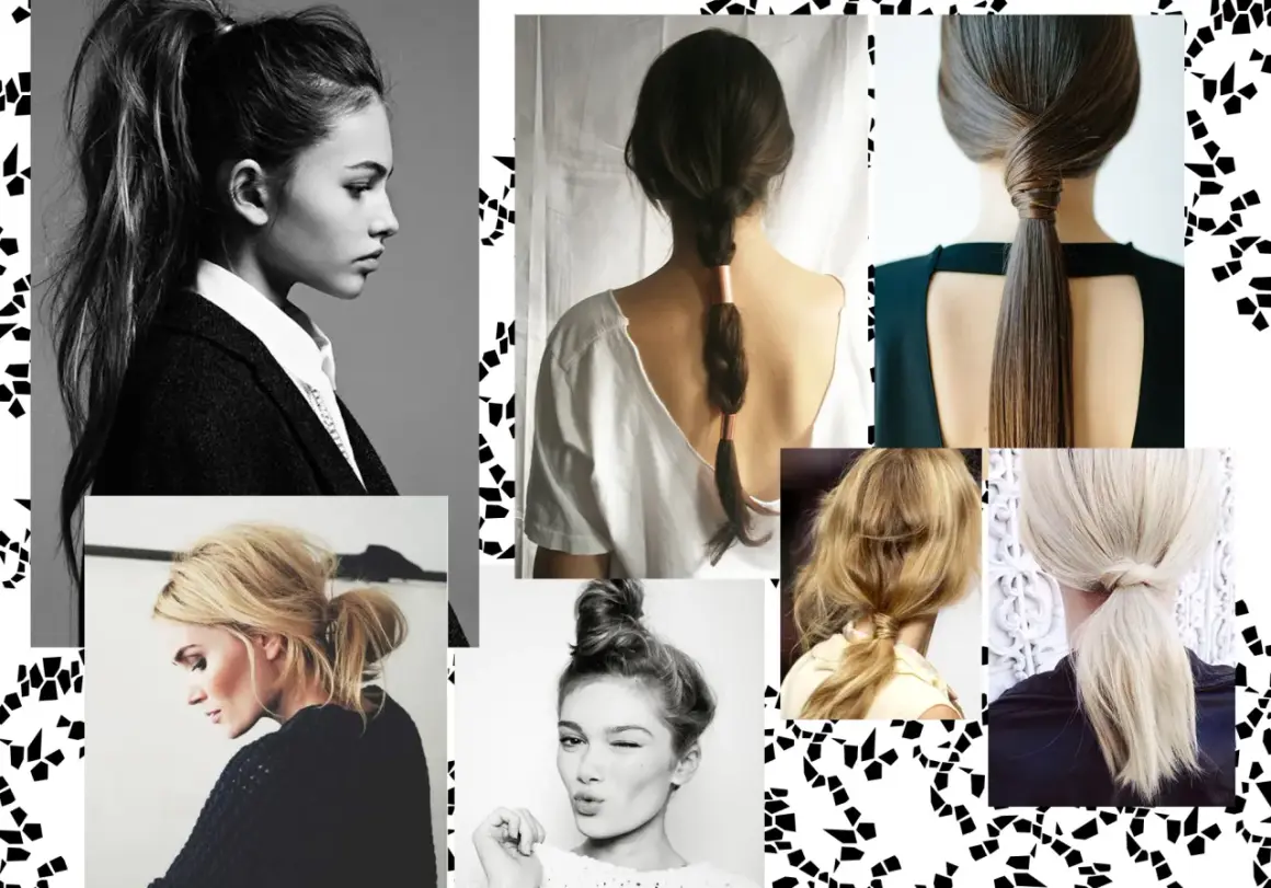 Collage de coiffures : queues de cheval hautes et basses, chignons, tresses. Une belle coiffure facile pour tous les styles.