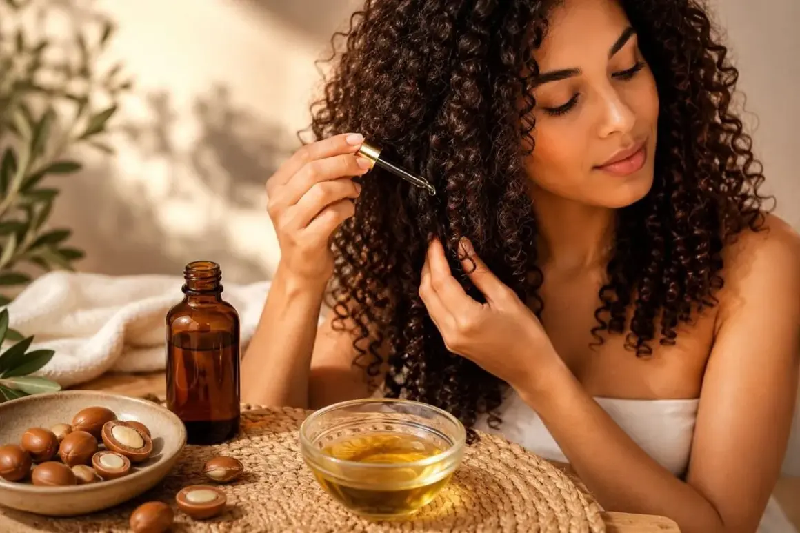 Une femme applique de l'huile d'argan sur ses cheveux bouclés. Des amandes d'argan et une fiole d'huile sont visibles.