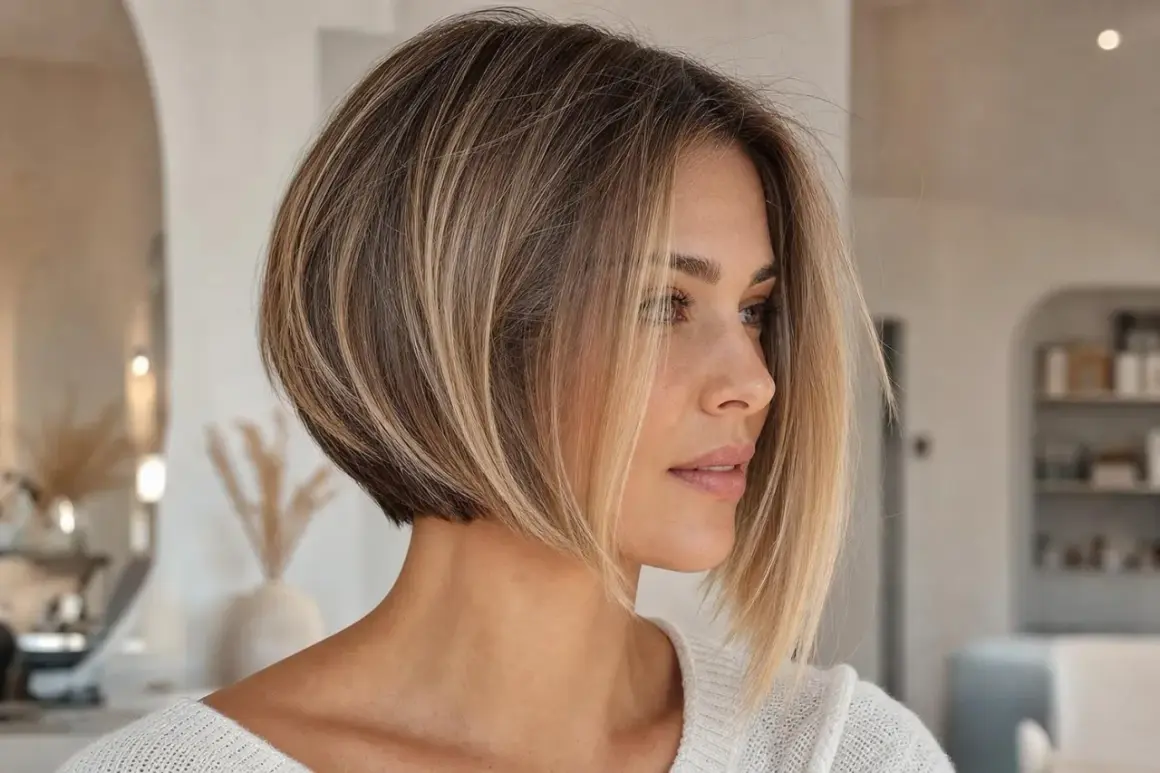 Une femme arbore un carré court dégradé, ses cheveux fins encadrant son visage avec douceur.