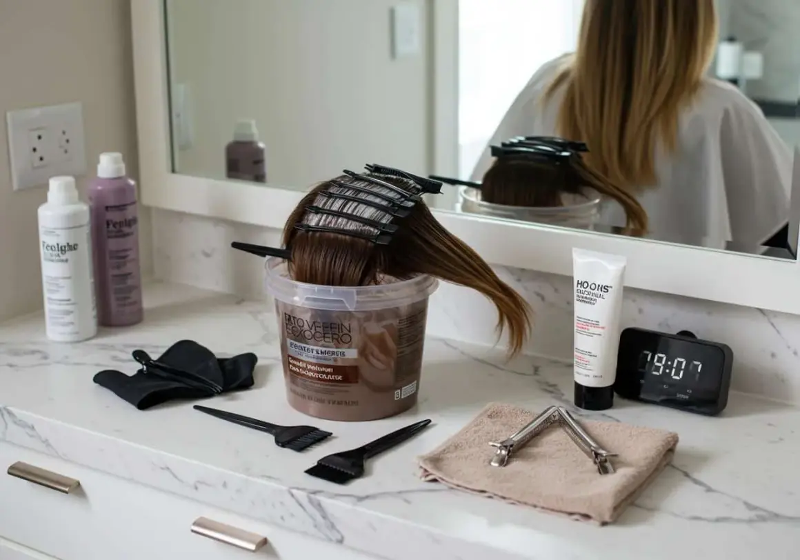 Préparation pour une coloration. On voit des produits capillaires, des pinceaux, des pinces et un mannequin de chevelure. Peut-on mélanger de l'oxydant 10 et 20 ?