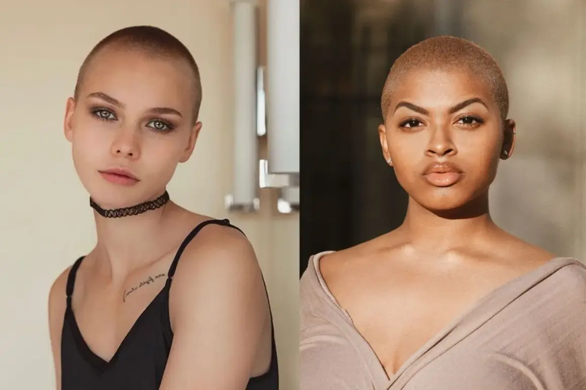 Deux femmes, une blonde et une brune, affichent une coupe rasee audacieuse, chacune avec son style unique.