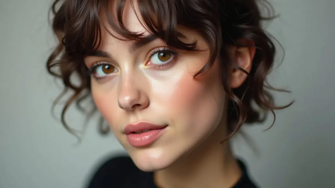 Visage de jeune femme aux cheveux bruns ondulés, coiffés en un léger **comb over** sur le front.