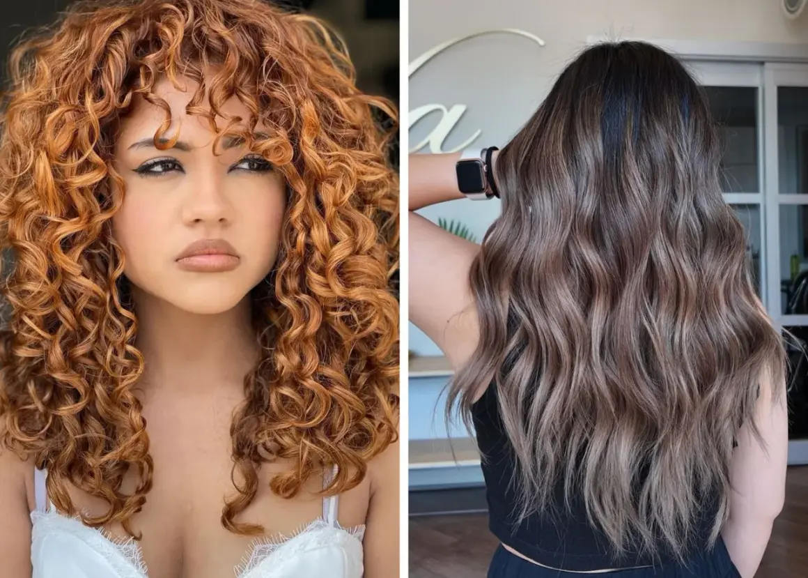Deux styles de cheveux : boucles rousses flamboyantes et ondulations brunes subtiles. Une coupe et couleur tendance pour chaque look.