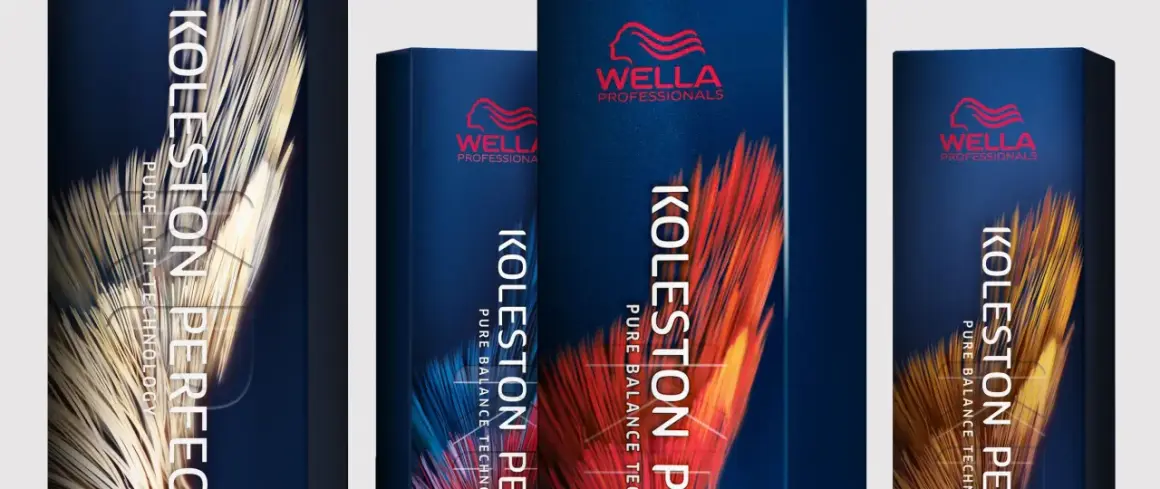Trois boîtes de coloration Wella Koleston Perfect, avec des motifs abstraits de plumes dorées et rouges. Le mode d'emploi est intégré au design.