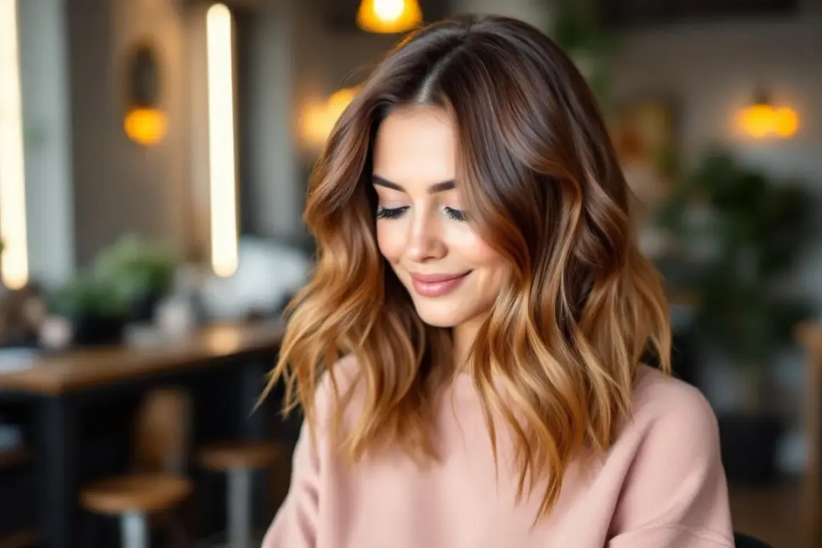 Une femme souriante avec une chevelure brune foncé aux reflets miel, un ombré hair subtil qui illumine son visage.