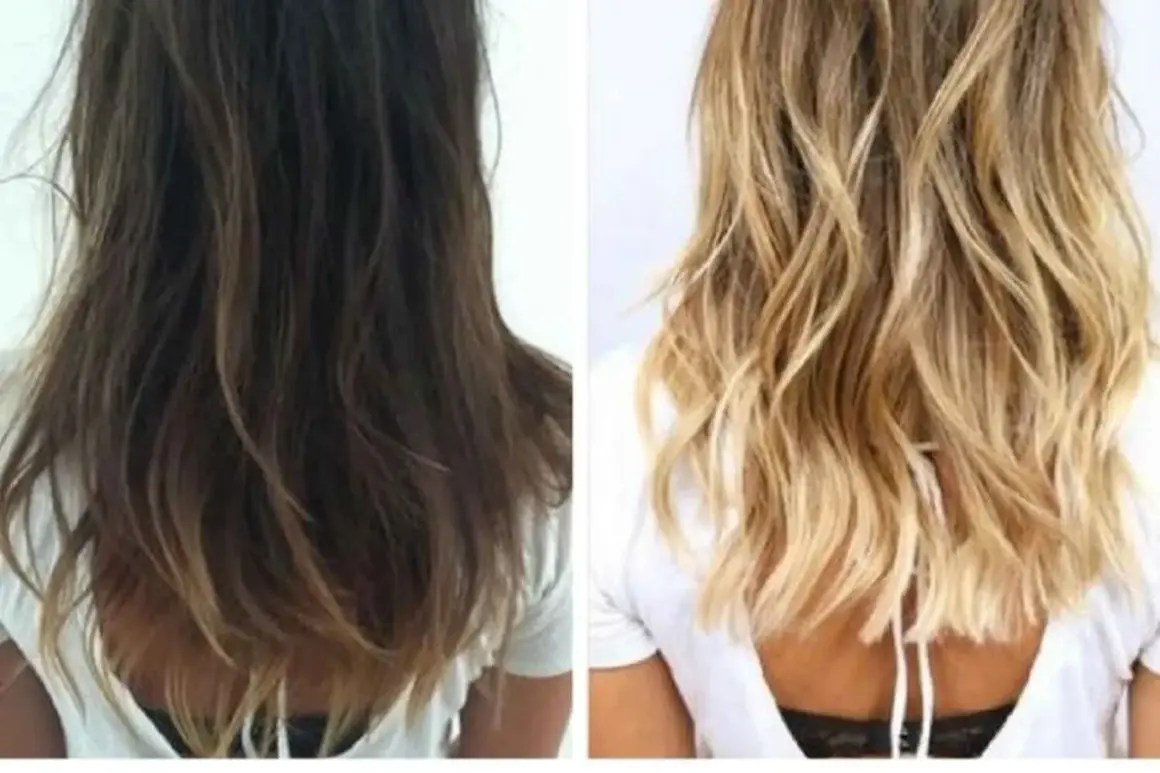 Avant/après : décoloration cheveux bruns en blond lumineux. Le résultat est une chevelure plus claire et ensoleillée.