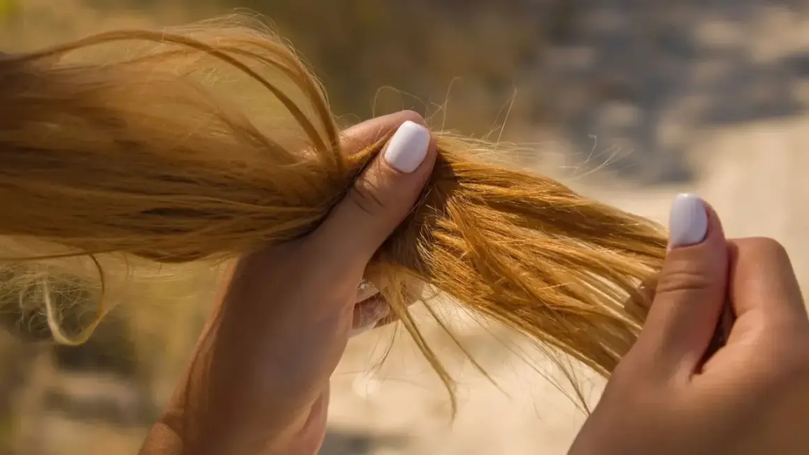 Mains tenant des cheveux blonds, légèrement humides, comme après un passage à la mer.