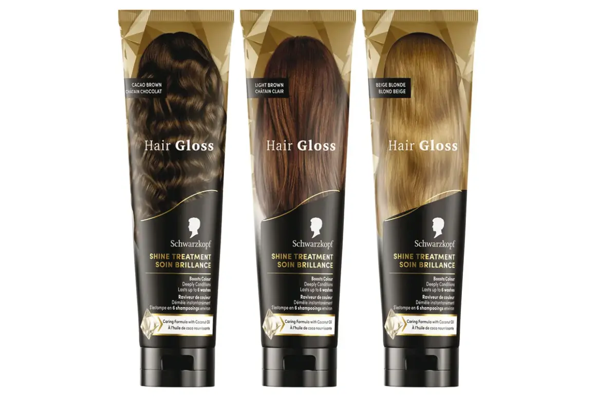 Trois tubes de "Hair Gloss" Schwarzkopf : brun cacao, châtain clair et blond beige. Pour une patine gloss éclatante et des cheveux soignés.