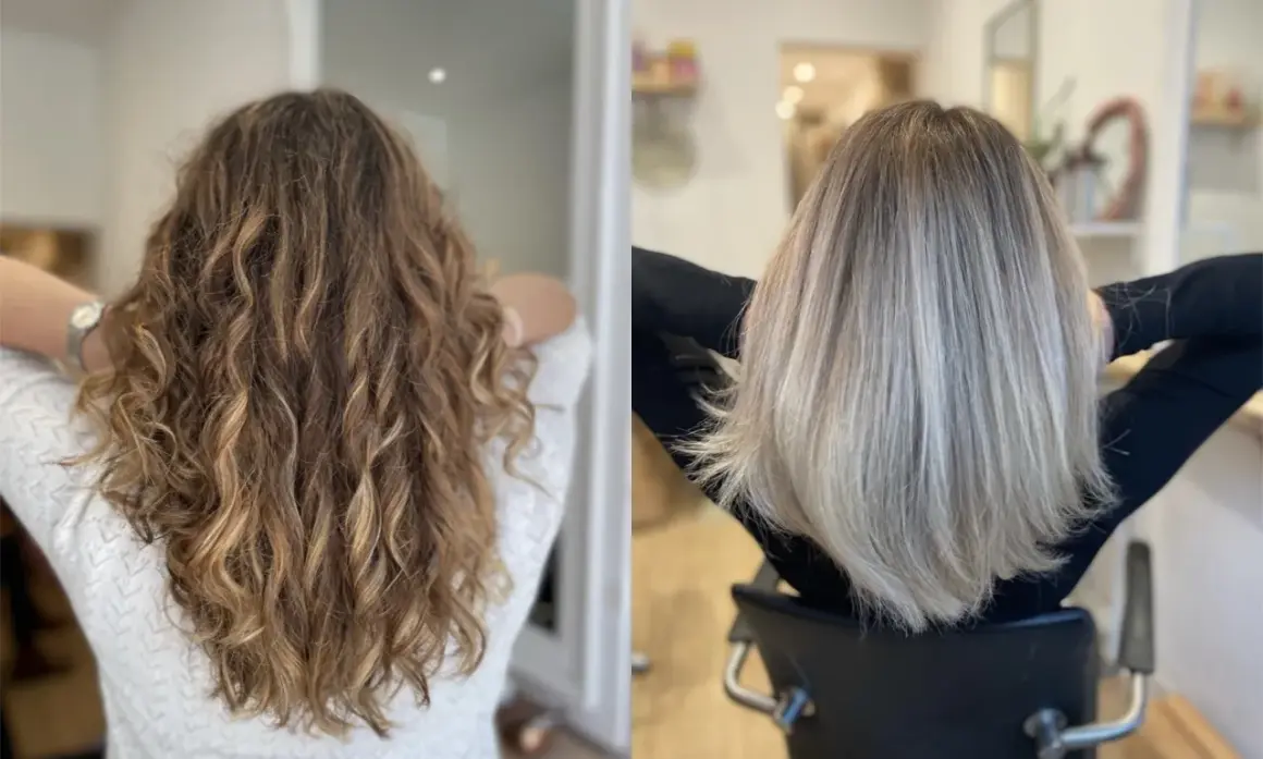 Avant/après : cheveux bouclés châtains transformés en lissés blonds. Un changement radical pour un nouveau look. Le prix patine coiffeur est justifié par ce résultat.