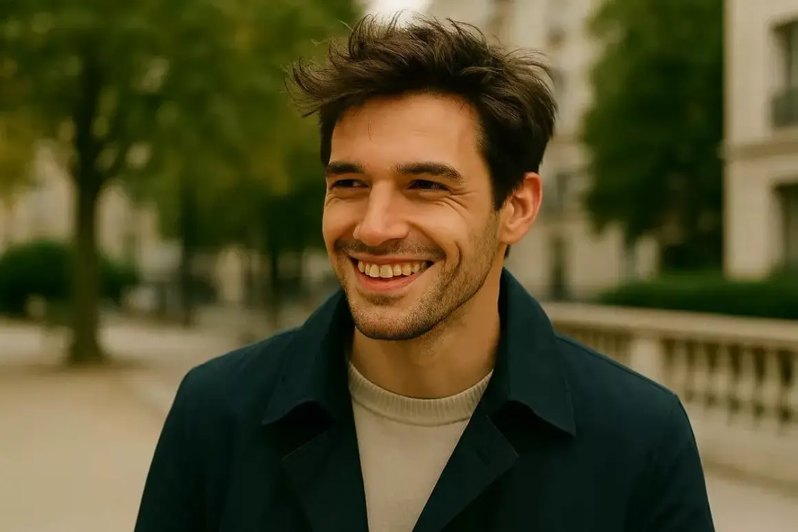 Un homme souriant arbore une coupe coiffé décoiffé homme, décontractée et moderne, dans un cadre urbain verdoyant.