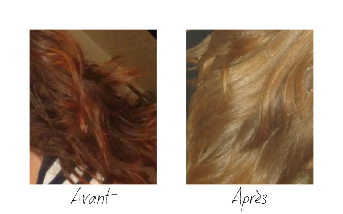 Avant : cheveux roux flamboyants. Après : une transformation réussie pour passer du roux au blond cendré, plus doux et lumineux.