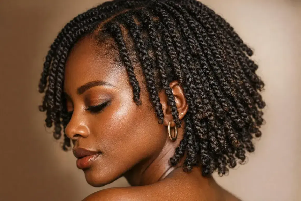Une femme avec une tresse serrée et une boucle d'oreille dorée.