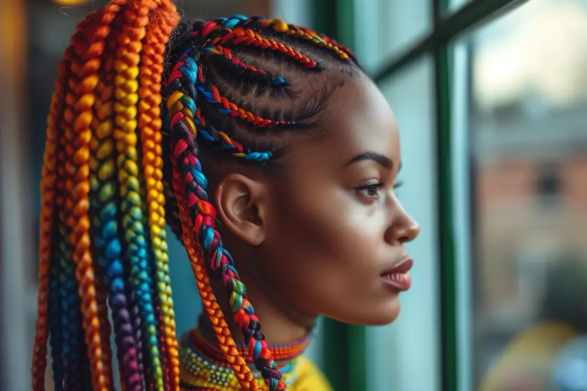 Profil d'une femme aux tresses arc-en-ciel vibrantes, un style audacieux qui capture l'essence de la beauté et de l'individualité.