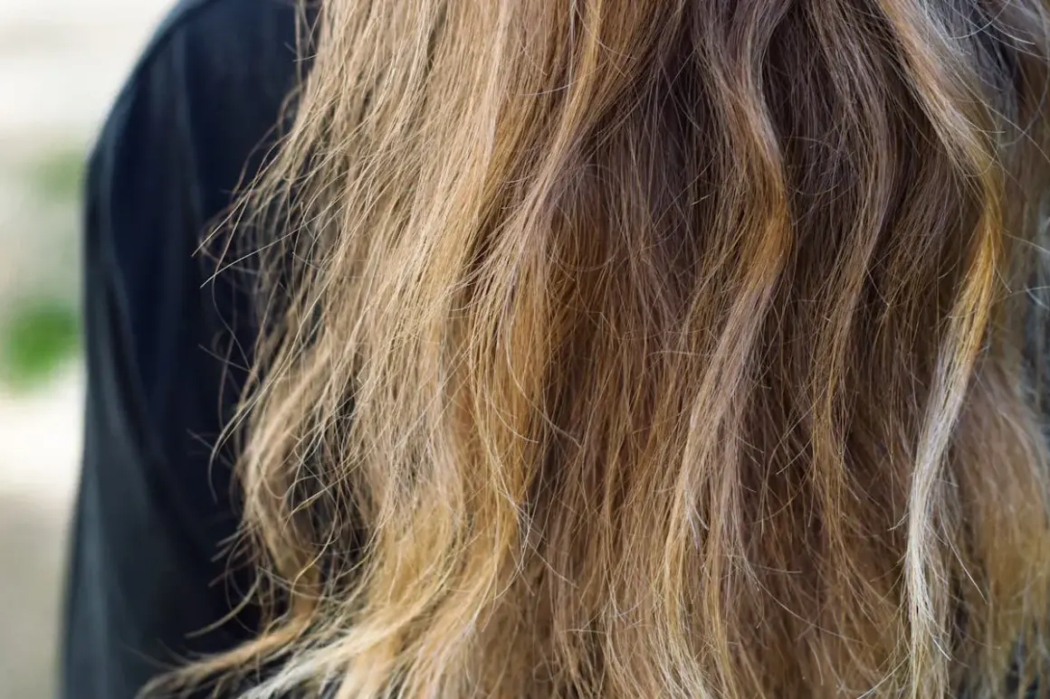 Cheveux longs et ondulés, d'une teinte châtain clair avec des reflets blonds, prêts à teindre ses cheveux en blanc pour un look audacieux.