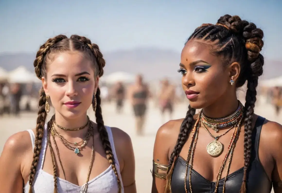 Deux femmes aux coiffures de festival audacieuses, ornées de tresses complexes et de bijoux ethniques, posent sous un ciel ensoleillé.